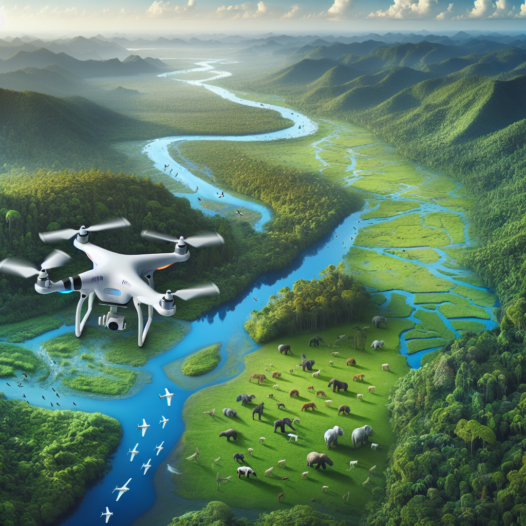 "Drone modern terbang di atas hutan lebat, menunjukkan penggunaannya dalam pengawasan lingkungan dan konservasi untuk pelestarian alam."